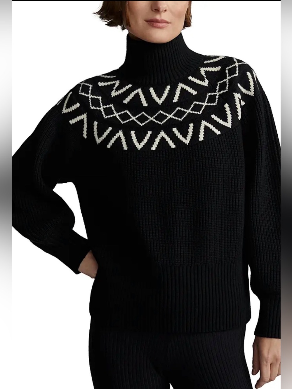 Varley Marcie Fair Isle Yoke Knit Turtleneck Sweater Black Cream Size Large